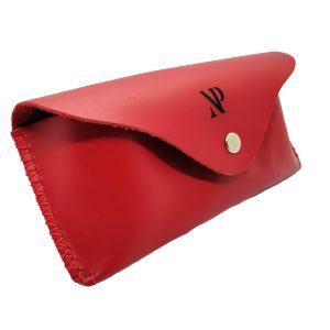 Etui ochelari de soare sau vedere, cu magnet din piele naturala rosie cu cusatura in X