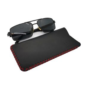 Etui pentru ochelari din piele naturala neagra, handmade, marime M