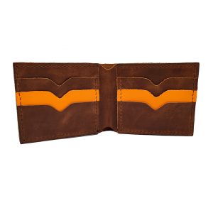 Portofel bărbătesc din piele naturală, handmade, bicolor maro & portocaliu, cusut manual
