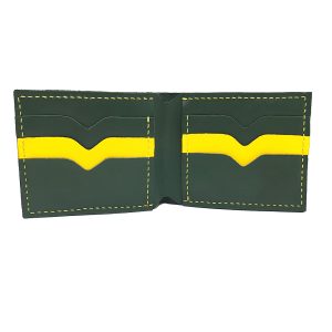 Portofel bărbătesc din piele naturală verde, cusut manual cu ață galbenă