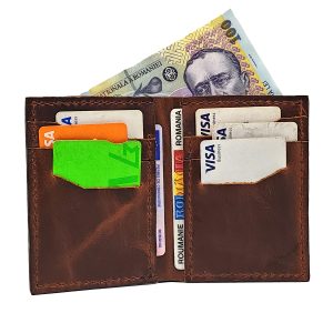 Portofel bărbătesc slim din piele naturală maro, 8 locuri carduri, compartiment bani, handmade