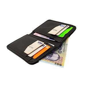 Portofel negru din piele naturală, 8 sloturi pentru carduri, cusut manual