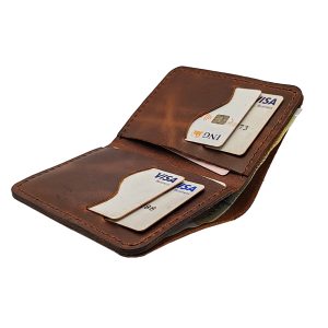 Portofel slim din piele naturală, handmade, cusut manual, maro