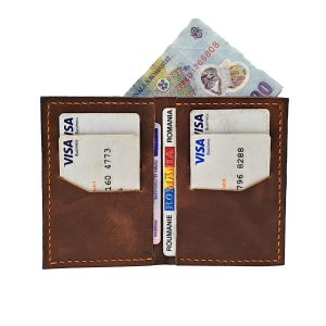Portofel barbatesc din piele naturala maro – Slim, cusut manual, 6 carduri și buletin