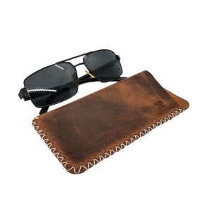 Etui pentru ochelari din piele naturala maro, handmade, marime M